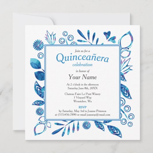 Blue Floral Frame Quinceñera Square Einladung (Vorderseite)