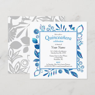 Blue Floral Frame Quinceñera Square Einladung