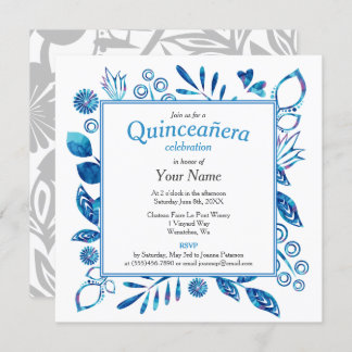 Blue Floral Frame Quinceñera Square Einladung