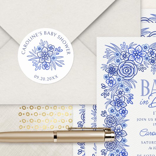 Blue Floral French Baby Dusche Runder Aufkleber