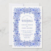 Blue Floral French Chinoiserie Wedding Einladung (Vorderseite)
