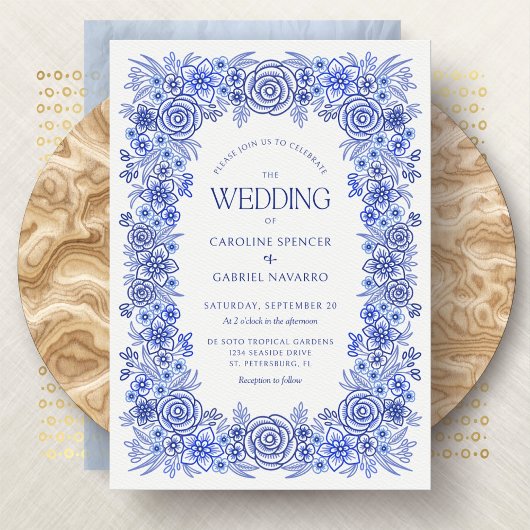 Blue Floral French Chinoiserie Wedding Einladung