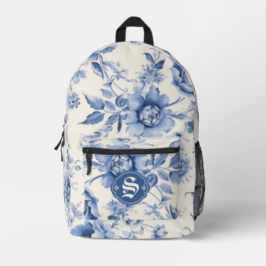 Blue Floral French Toile Chinoiserie Personalisier Bedruckter Rucksack (Vorderseite)