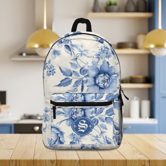 Blue Floral French Toile Chinoiserie Personalisier Bedruckter Rucksack