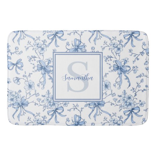 Blue Floral French Toile Monogram Name  Badematte (Vorderseite)