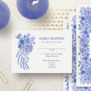 Blue Floral French Wedding RSVP Karte
