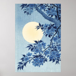 Blue Floral Full Moon Art Poster