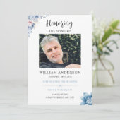 Blue Floral Funeral Invitation Celebration of Life Einladung (Stehend Vorderseite)