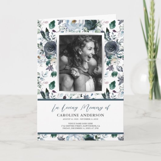 Blue Floral Funeral Order of Service Foto Program Programm (Vorderseite)