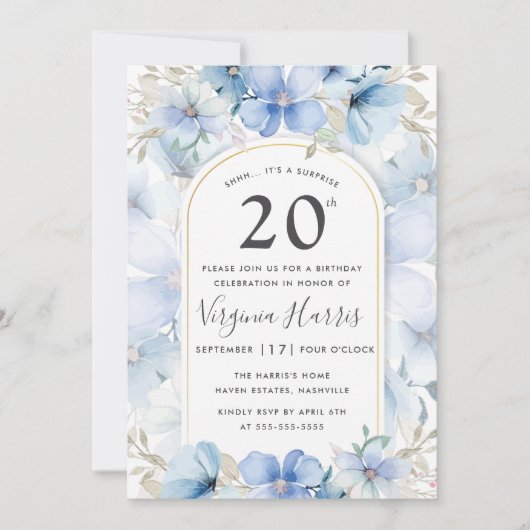 Blue Floral Garden 20. Geburtstag Einladung (Vorderseite)