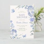Blue floral garden baby shower einladung (Stehend Vorderseite)