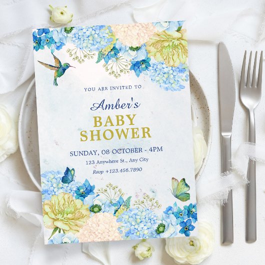 Blue floral garden baby shower einladung