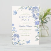 Blue floral garden birthday einladung (Stehend Vorderseite)
