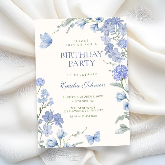 Blue floral garden birthday einladung