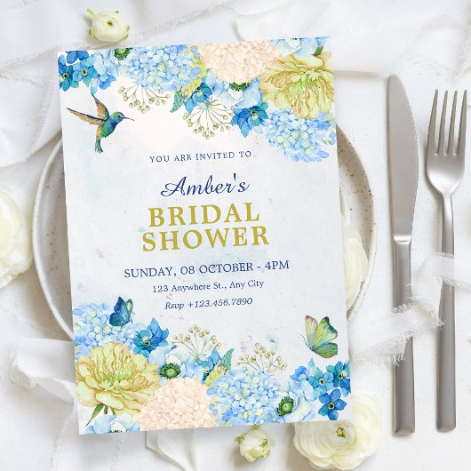 Blue floral garden bridal shower einladung