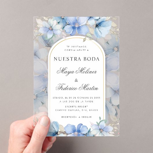 Blue Floral Garden Nuestra Boda Spanish Wedding Acryleinladungen (Insitu (Handheld))
