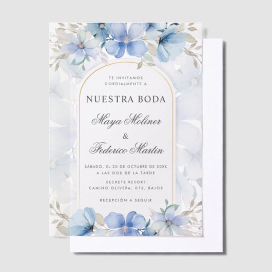Blue Floral Garden Nuestra Boda Spanish Wedding Pergament Einladungen (Versetzt)