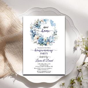 Blue Floral Garland Housewarming Party Einladung