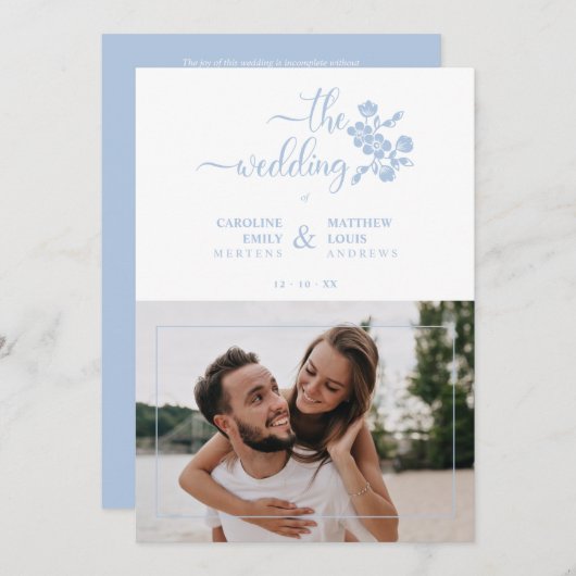 Blue Floral Garland Photo Card Couple Wedding Einladung (Vorne/Hinten)