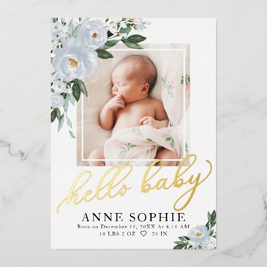 Blue Floral Geburtsankündigung & Dankeschön-Karte Folieneinladung (Vorderseite)