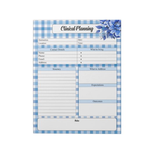 Blue Floral Gingham _ Klinische Planung Notizblock (Rotiert)