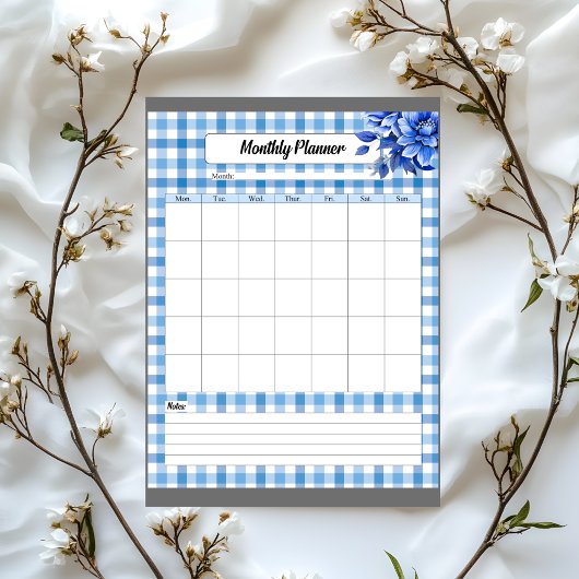Blue Floral Gingham _ Monatlicher Planet Notizblock