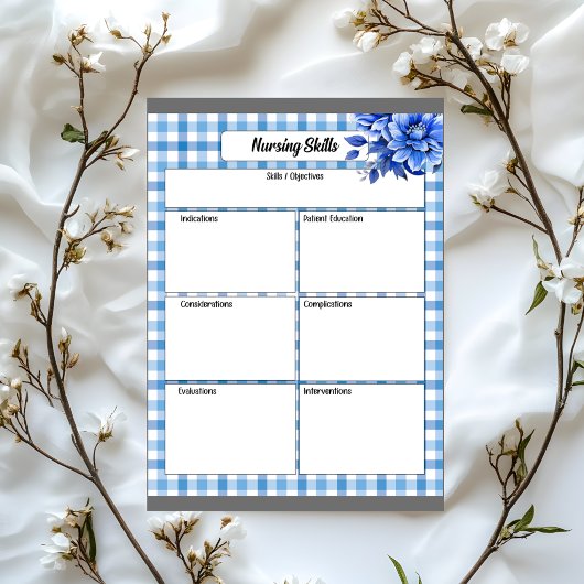 Blue Floral Gingham_ Pflegefähigkeiten Notizblock
