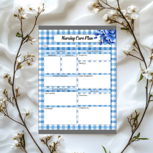 Blue Floral Gingham_ Pflegeplan Notizblock