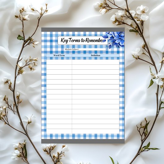 Blue Floral Gingham _ Schlüsselbegriffe zur Erinne Notizblock