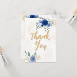 Blue Floral & Gold Baby Dusche Danke Karte