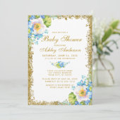 Blue Floral Gold Baby Dusche Glitzer Einladung (Stehend Vorderseite)