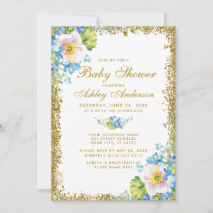 Blue Floral Gold Baby Dusche Glitzer Einladung
