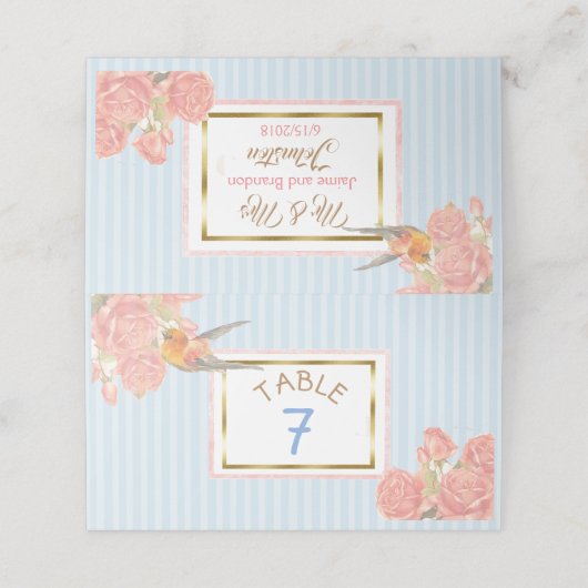 Blue Floral Gold Bird Hochzeitsfeier Tischnummer Platzkarte (Außenseite Aufgefaltet)