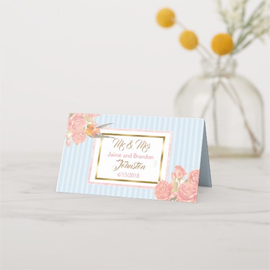 Blue Floral Gold Bird Hochzeitsfeier Tischnummer Platzkarte (Rückseite)