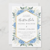 Blue Floral Gold Blätter Nuestra Boda Wedding Einladung (Vorderseite)