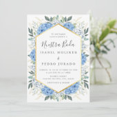 Blue Floral Gold Blätter Nuestra Boda Wedding Einladung (Stehend Vorderseite)