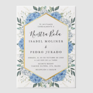 Blue Floral Gold Blätter Nuestra Boda Wedding Pergament Einladungen