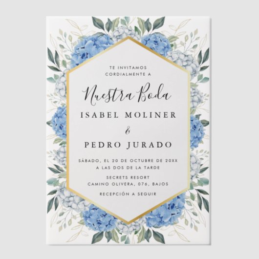 Blue Floral Gold Blätter Nuestra Boda Wedding Pergament Einladungen (Vorderseite)