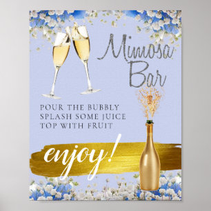Blue Floral Gold Bridal Brunch Mimosa Bar Sign Poster