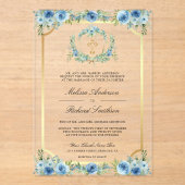 Blue Floral Gold Catholic Cross Wedding Acryleinladungen (Vorderseite)