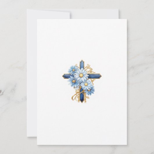 Blue Floral Gold Cross Boy Christening Taufe Einladung (Rückseite)