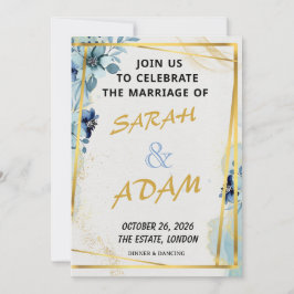 Blue Floral Gold Elegant Wedding Invitation Set Einladung