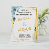 Blue Floral Gold Elegant Wedding Invitation Set Einladung (Stehend Vorderseite)