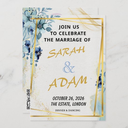 Blue Floral Gold Elegant Wedding Invitation Set Einladung (Vorne/Hinten)