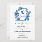 Blue Floral Gold Frame 10th Wedding Anniversary Save The Date (Vorderseite)