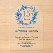  Blue Floral Gold Frame 15th Wedding Anniversary  Acryleinladungen (Vorderseite)