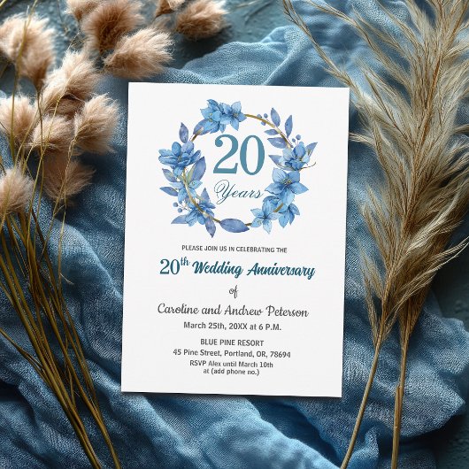  Blue Floral Gold Frame 20th Wedding Anniversary  Einladung