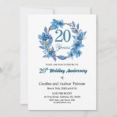  Blue Floral Gold Frame 20th Wedding Anniversary  Einladung (Vorderseite)