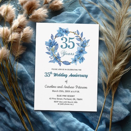  Blue Floral Gold Frame 35th Wedding Anniversary  Einladung