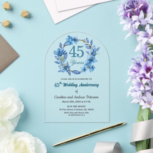  Blue Floral Gold Frame 45th Wedding Anniversary  Acryleinladungen (Insitu (Hochzeit))